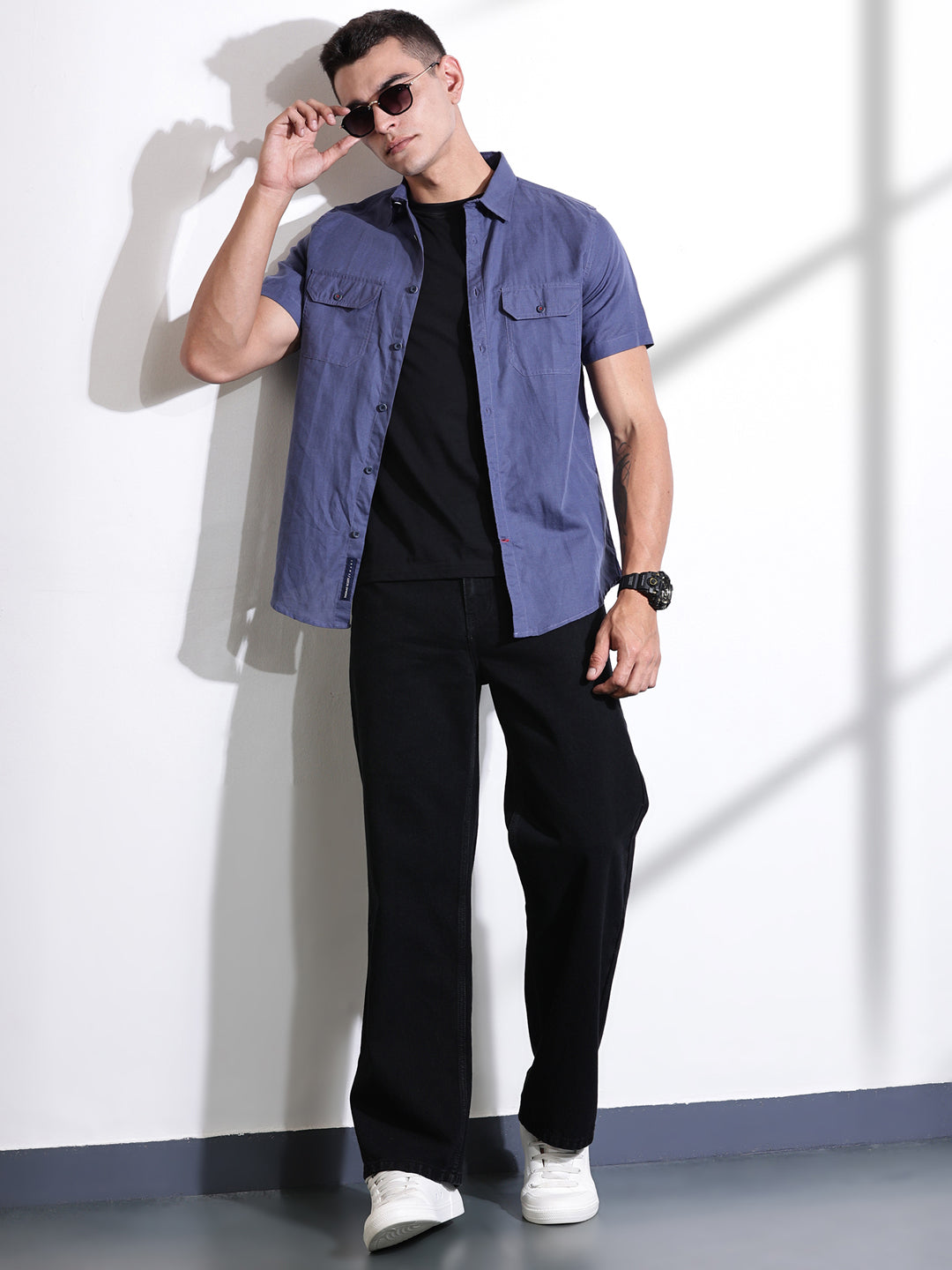 Thomas Scott Men Blue Slim Fit Solid Linen Casual Shirt
