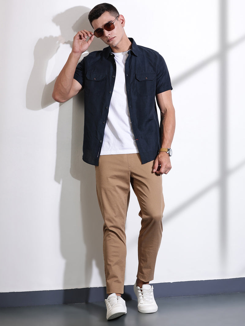 Thomas Scott Men Navy Slim Fit Solid Linen Casual Shirt