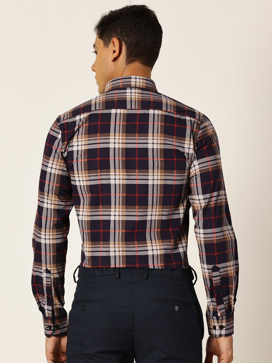 Thomas Scott Men Navyblue Slim Fit Windowpane Checked Cotton Formal Shirt