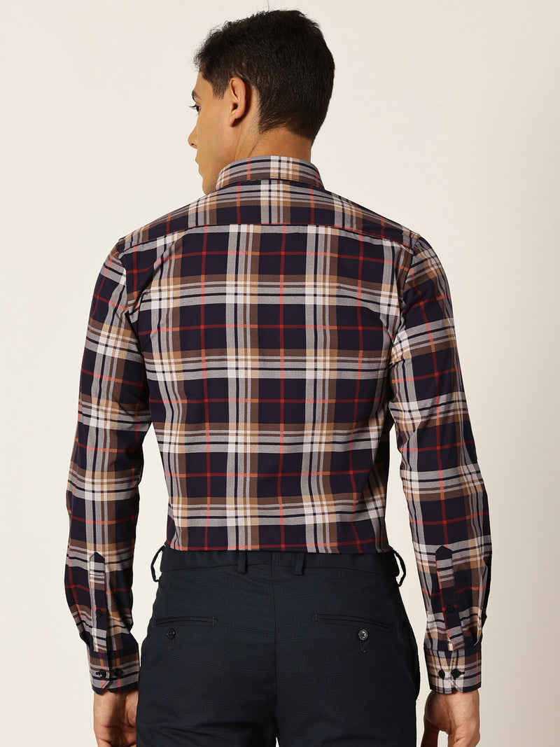 Thomas Scott Men Navyblue Slim Fit Windowpane Checked Cotton Formal Shirt