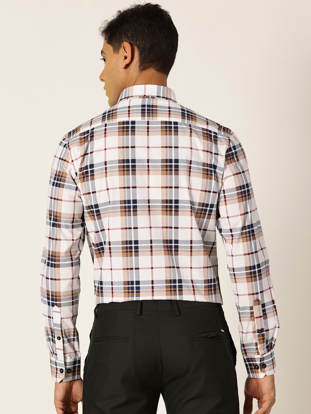 Thomas Scott Men White Slim Fit Windowpane Checked Cotton Formal Shirt