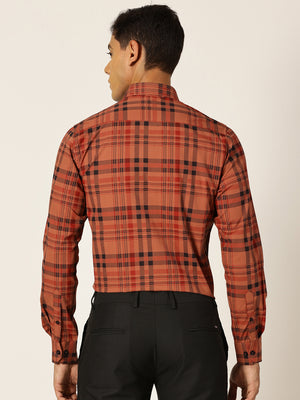 Thomas Scott Men Red Slim Fit Windowpane Checked Cotton Formal Shirt