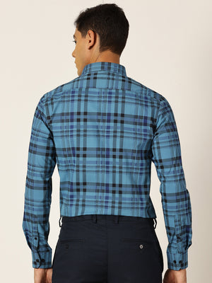 Thomas Scott Men NavyBlue Slim Fit Windowpane Checked Cotton Formal Shirt