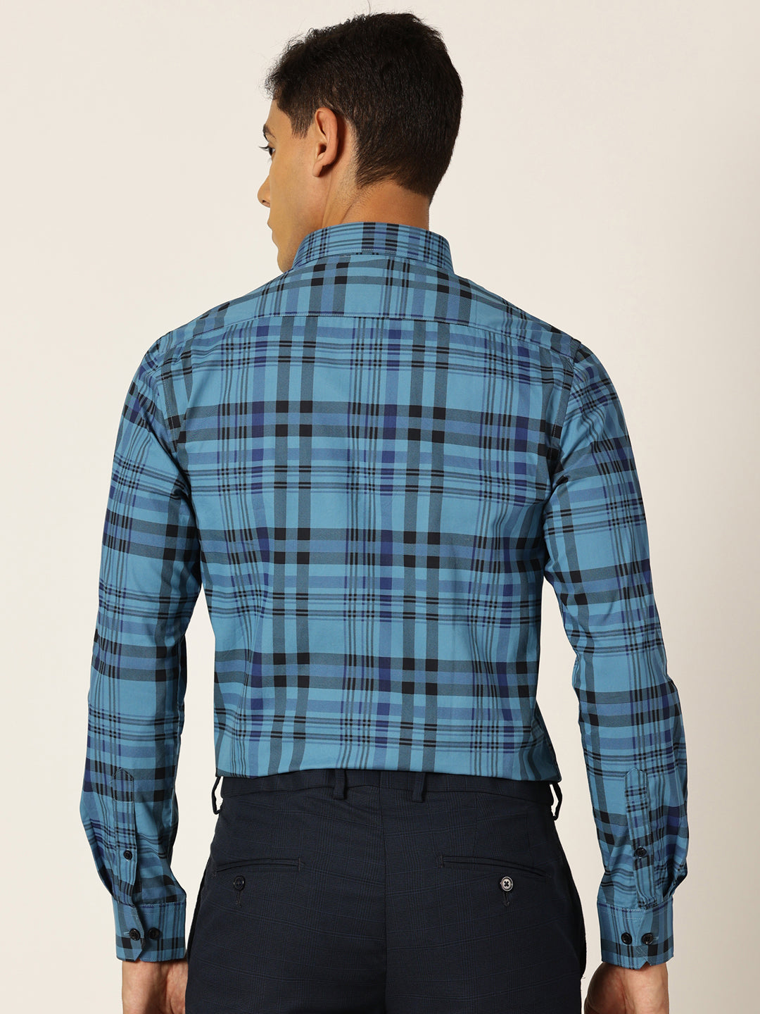 Thomas Scott Men NavyBlue Slim Fit Windowpane Checked Cotton Formal Shirt