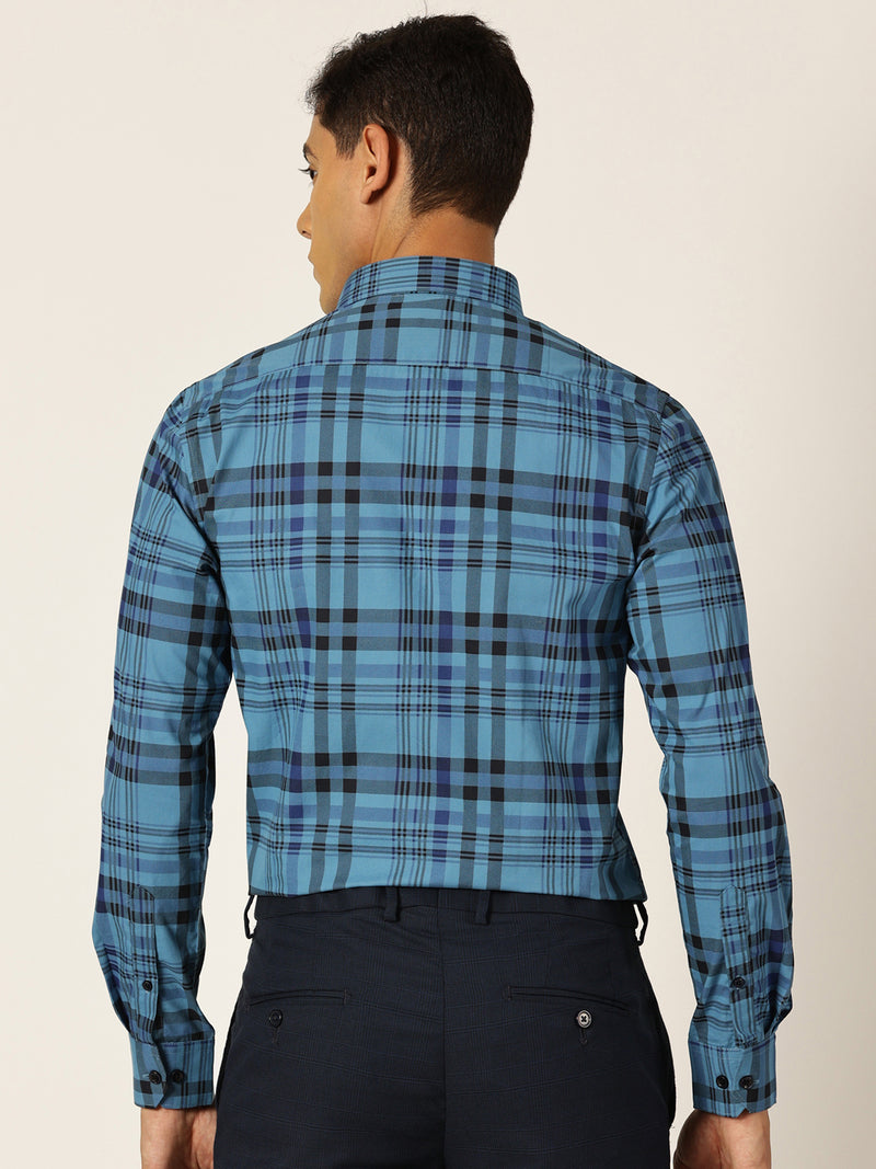 Thomas Scott Men NavyBlue Slim Fit Windowpane Checked Cotton Formal Shirt