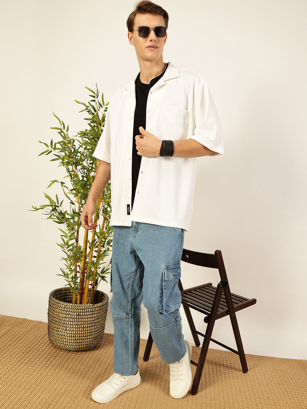 White Oversized Textured Twill Casual Shirt