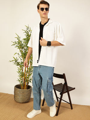 White Oversized Textured Twill Casual Shirt