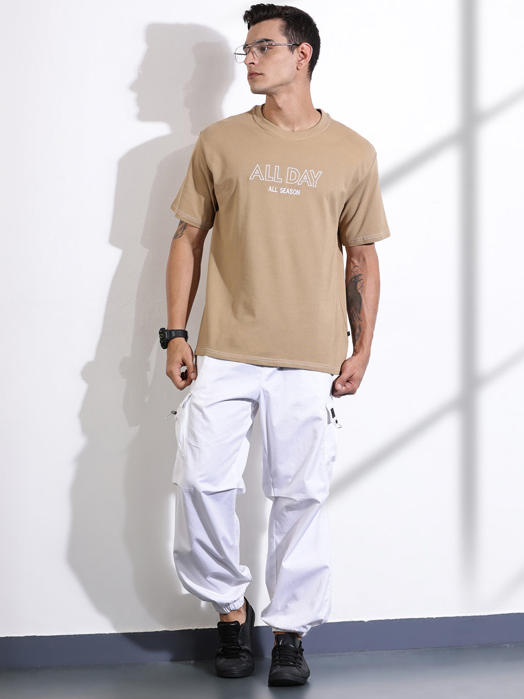 Thomas Scott Men Beige Oversized Typography Print Knit Tshirt