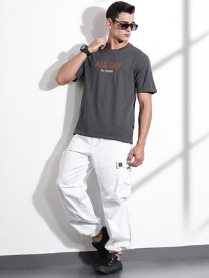 Thomas Scott Men Grey Oversized Typography Print Knit Tshirt