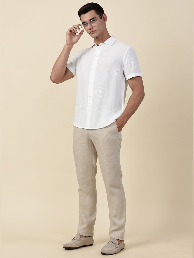 Thomas Scott Men White Regular Fit Short Sleeves Cuban Collar Embroidered Shirt