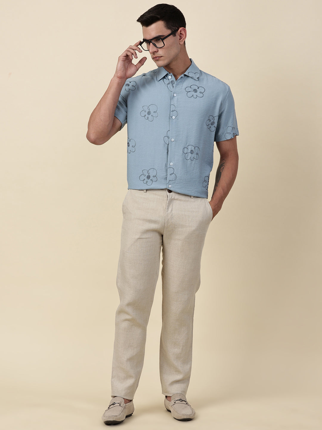 Thomas Scott Men Blue Regular Fit Short Sleeves Cuban Collar Embroidered Shirt