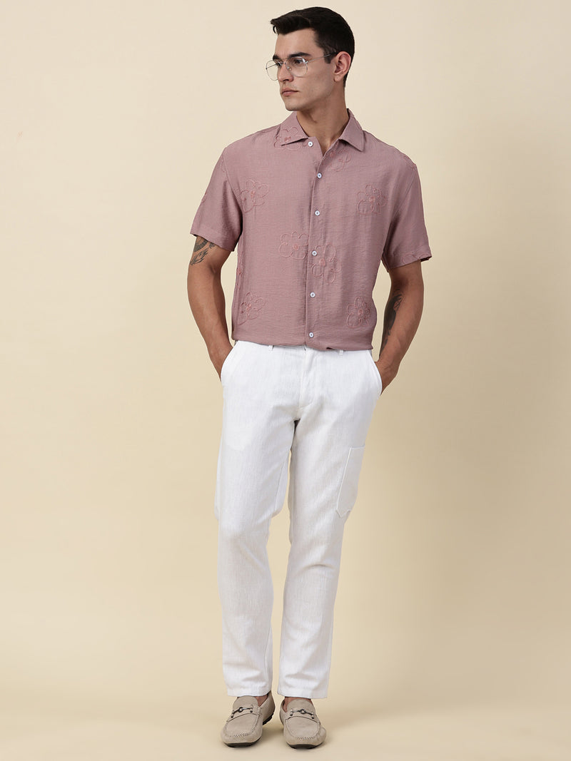 Thomas Scott Men Pink Regular Fit Short Sleeves Cuban Collar Embroidered Shirt
