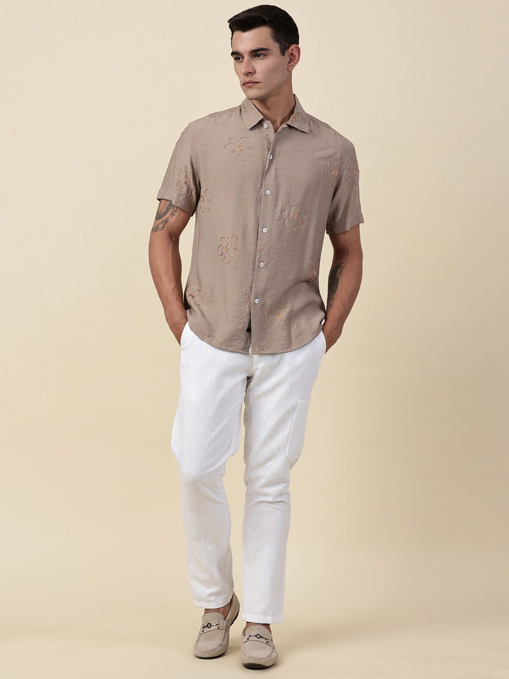 Thomas Scott Men Beige Regular Fit Short Sleeves Cuban Collar Embroidered Shirt