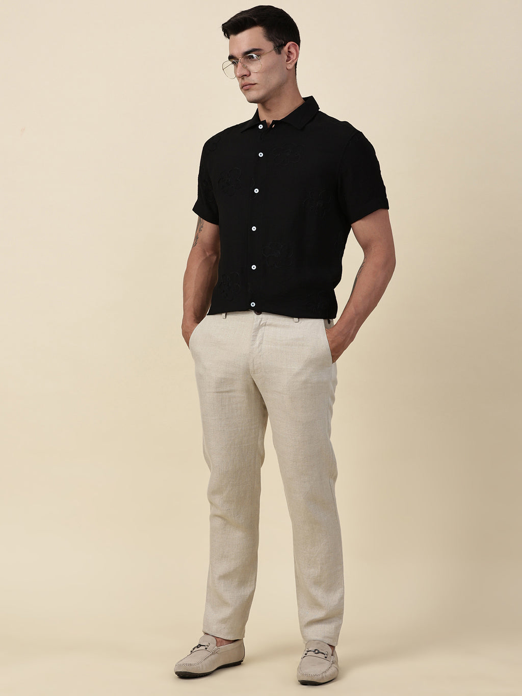 Thomas Scott Men Black Regular Fit Short Sleeves Cuban Collar Embroidered Shirt