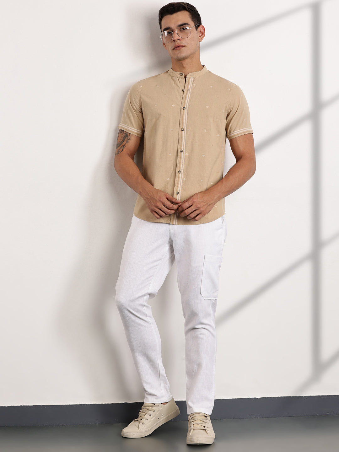 Thomas Scott Men Beige Slim Fit Short Sleeve Mandarin Collar Cotton Casual Shirt