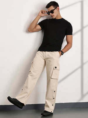 Thomas Scott Men Cream Mid-Rise Relaxed Fit Woven Cargo Trousers