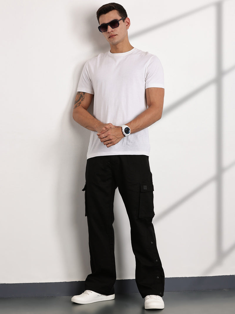Thomas Scott Men Black Mid-Rise Relaxed Fit Woven Cargo Trousers