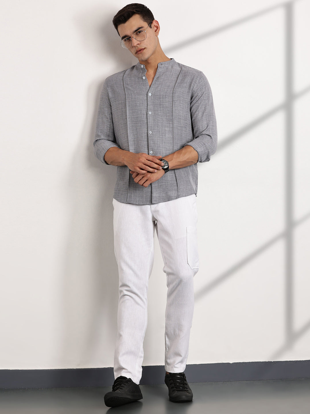 Thomas Scott Men Grey Slim Fit Mandarin Collar Long Sleeves Casual Shirt