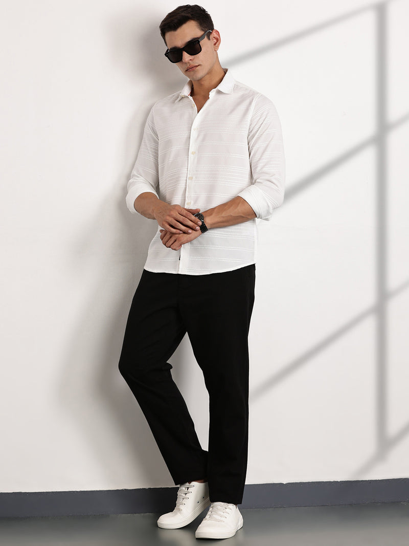 Thomas Scott Men White Slim Fit Cutaway Collar Long Sleeves Self Design Casual Shirt