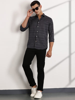Thomas Scott Men Grey Slim Fit Cutaway Collar Long Sleeves Self Design Casual Shirt