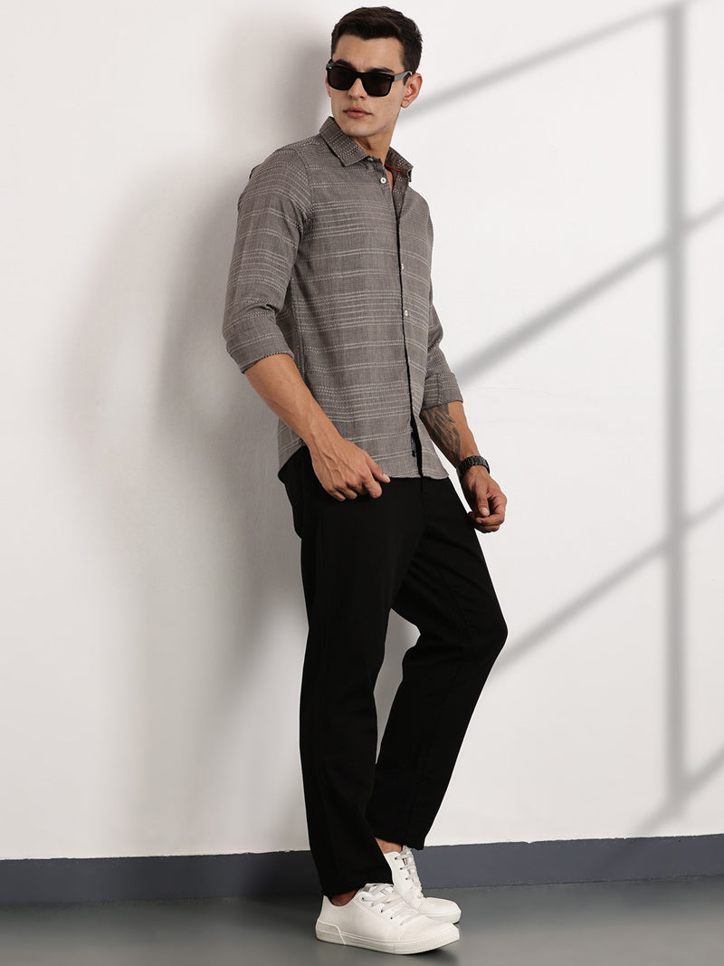Thomas Scott Men Grey Slim Fit Cutaway Collar Long Sleeves Self Design Casual Shirt