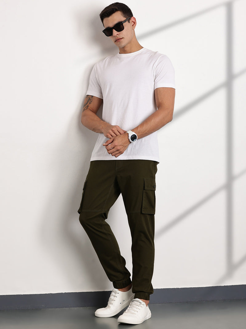 Thomas Scott Men BottleGreen Mid-Rise Slim Fit Woven Cargo Trousers