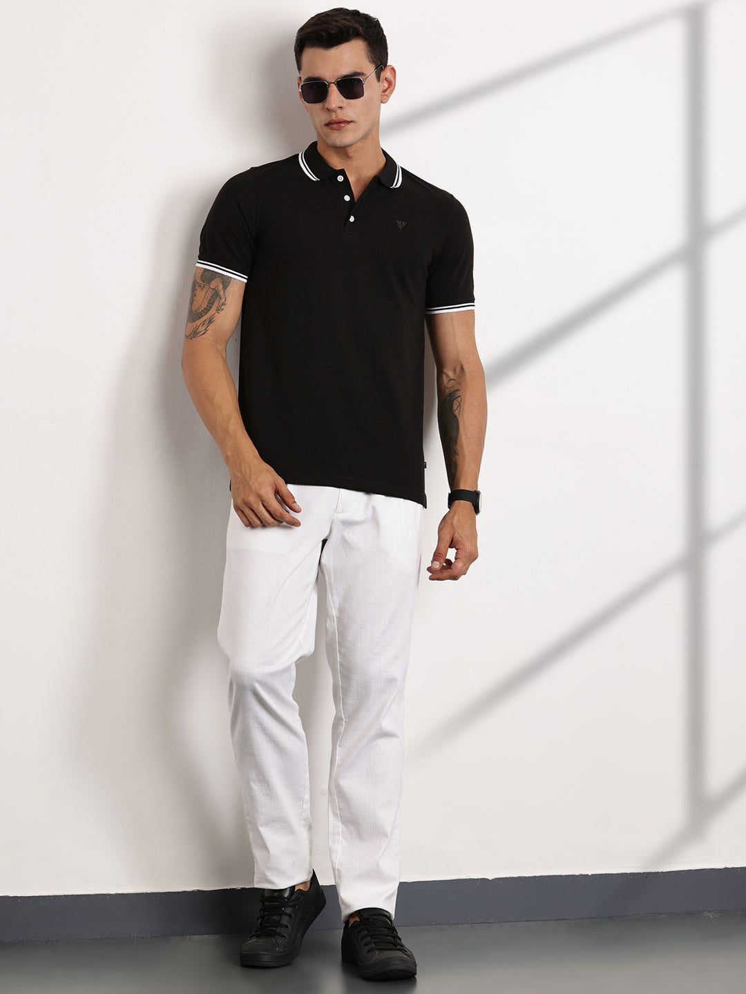 Thomas Scott Men Black Regular Fit Short Sleeves Polo Collar Knit Tshirt