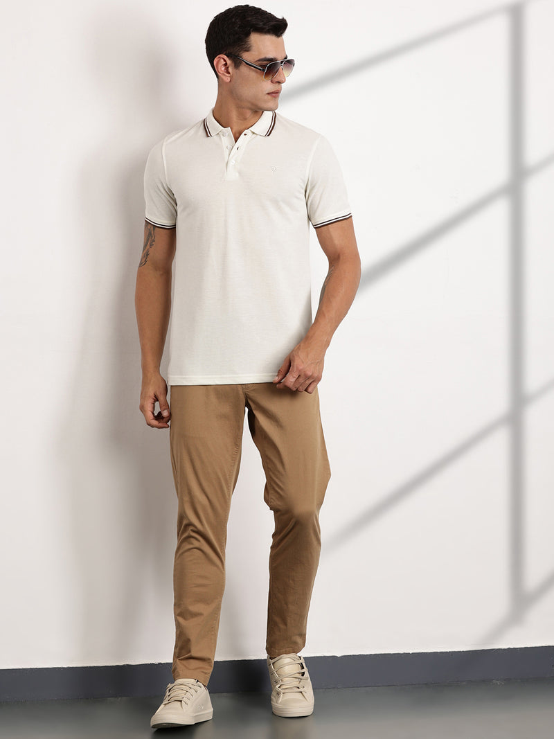 Thomas Scott Men Cream Regular Fit Short Sleeves Polo Collar Knit Tshirt