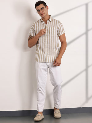 Thomas Scott Men Brown Slim Fit Short Sleeves Vertical Striped Linen Shirt