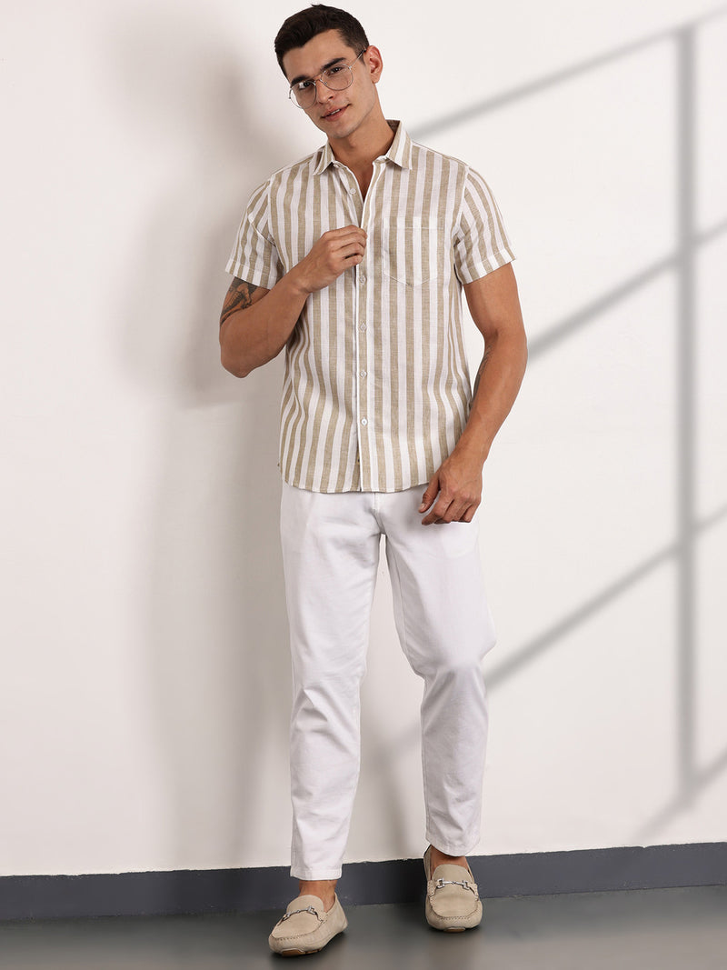 Thomas Scott Men Brown Slim Fit Short Sleeves Vertical Striped Linen Shirt