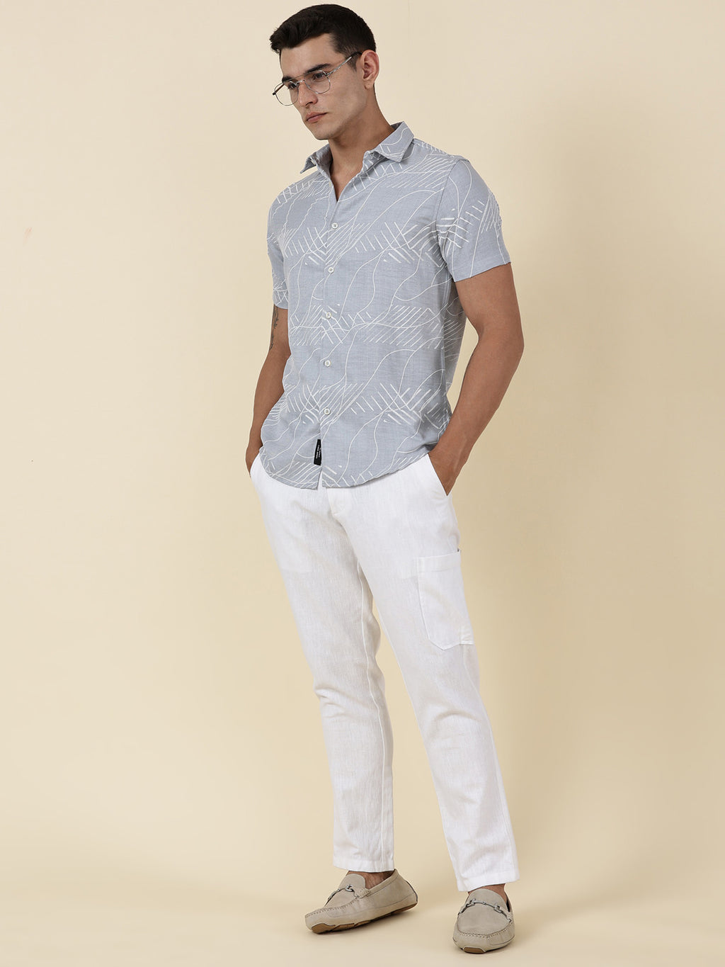 Thomas Scott Men Grey Slim Fit Short Sleeves Abstract Print Casual Shirt
