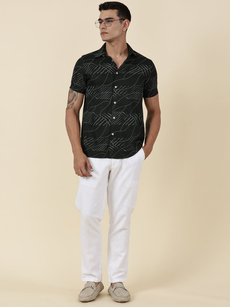 Thomas Scott Men Olive Slim Fit Short Sleeves Abstract Print Casual Shirt