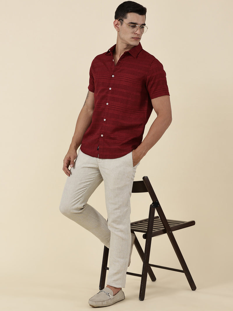 Thomas Scott Men Red Slim Fit Short Sleeves Horizontal Stripes Casual Shirt