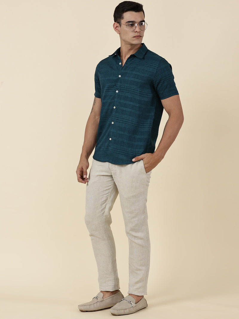 Thomas Scott Men Teal Slim Fit Short Sleeves Horizontal Stripes Casual Shirt