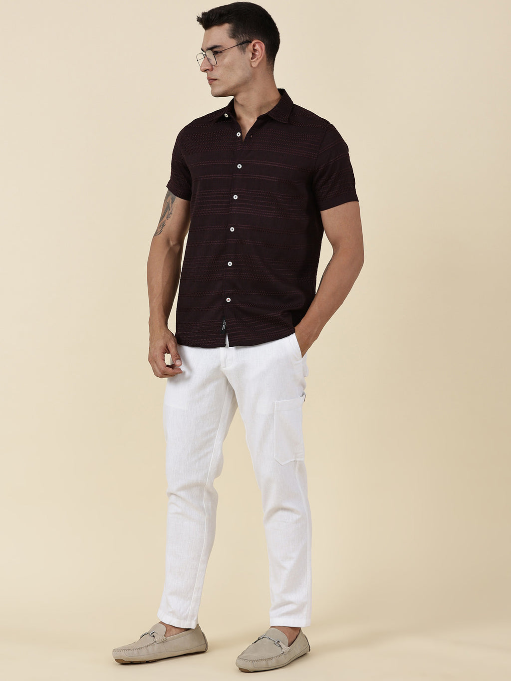 Thomas Scott Men Wine Slim Fit Short Sleeves Horizontal Stripes Casual Shirt