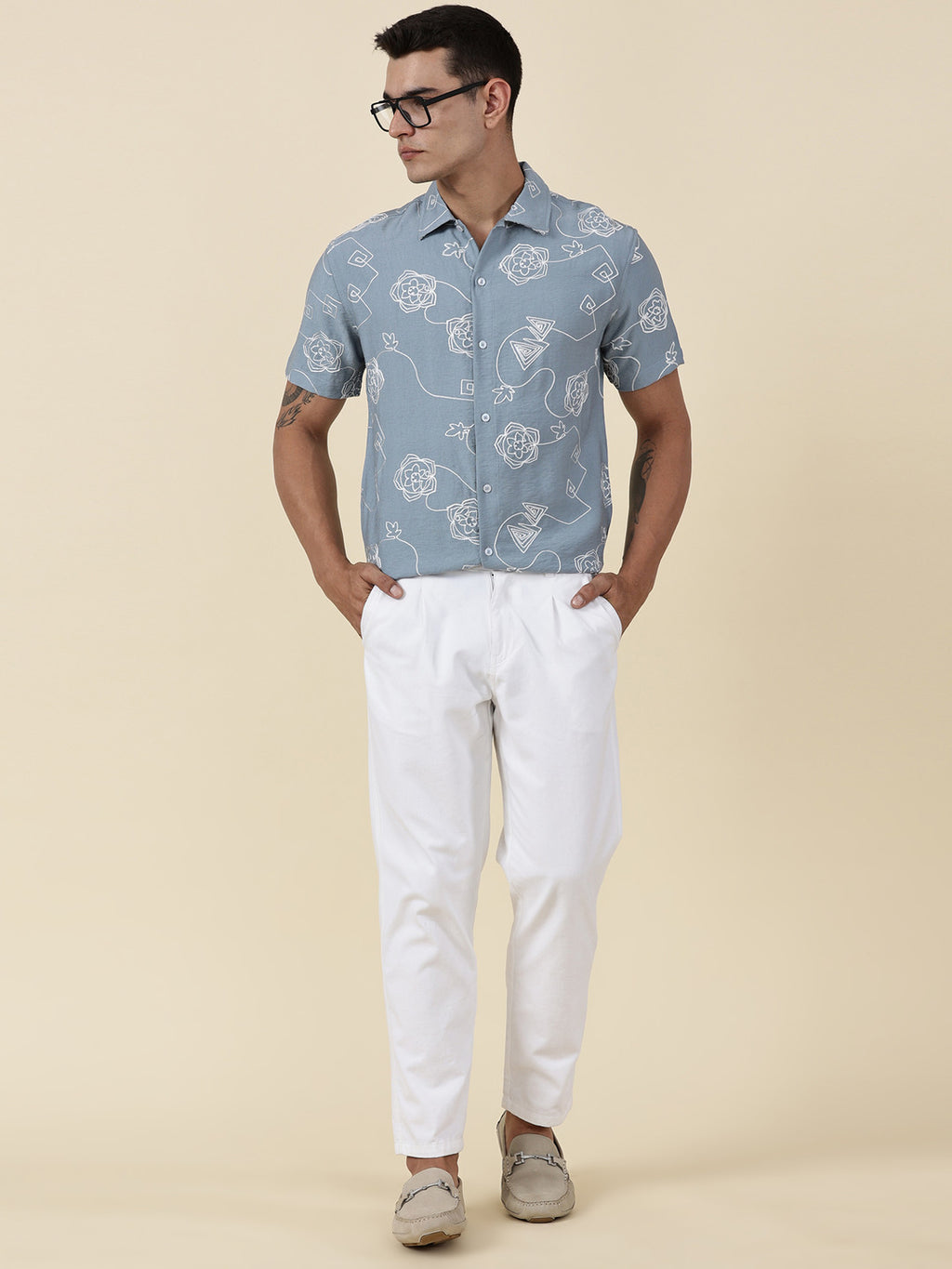 Thomas Scott Men Blue Regular Fit Short Sleeves Spread Collar Embroidered Shirt