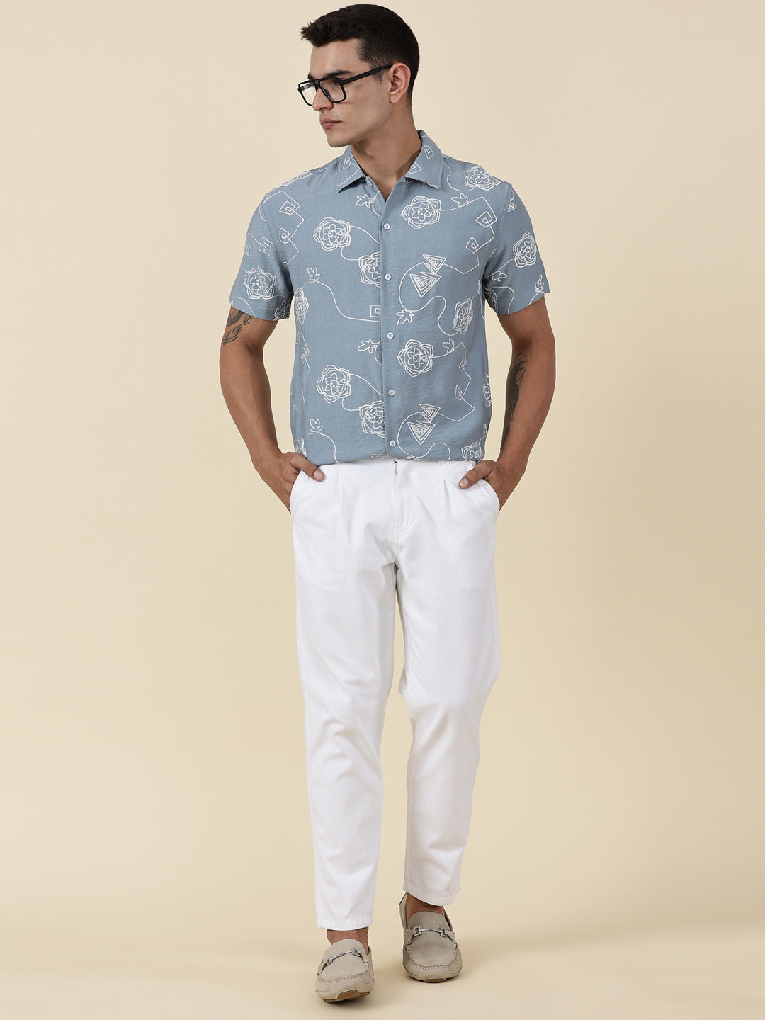 Thomas Scott Men Blue Regular Fit Short Sleeves Spread Collar Embroidered Shirt