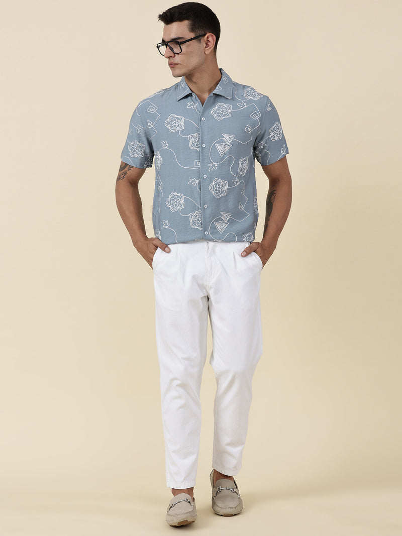 Thomas Scott Men Blue Regular Fit Short Sleeves Spread Collar Embroidered Shirt