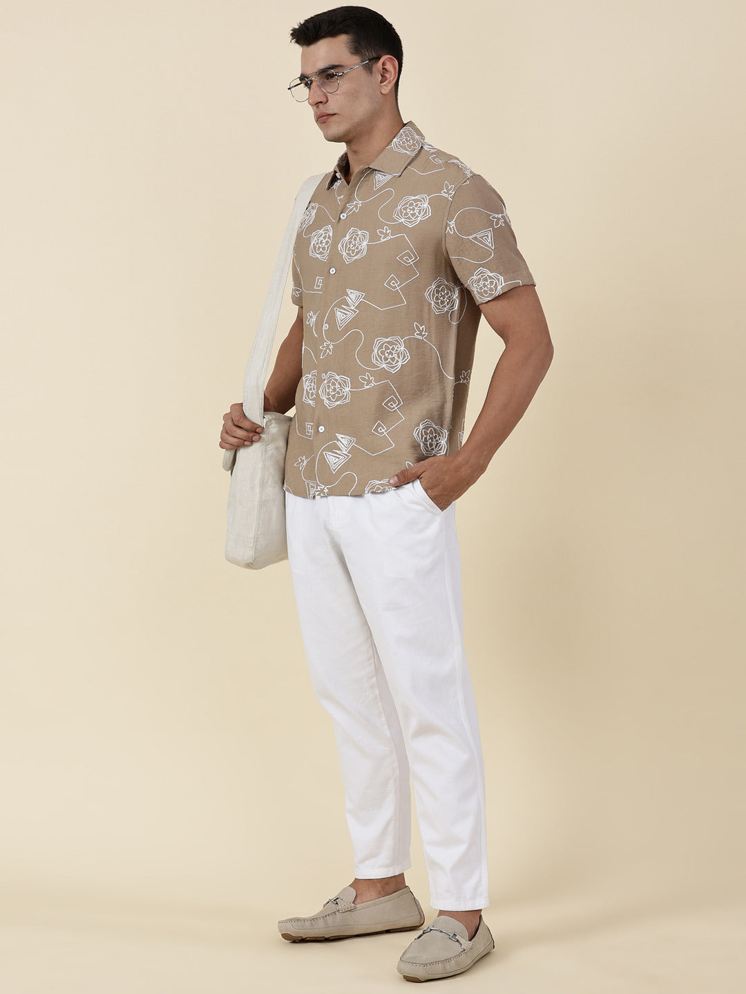 Thomas Scott Men Beige Regular Fit Short Sleeves Spread Collar Embroidered Shirt