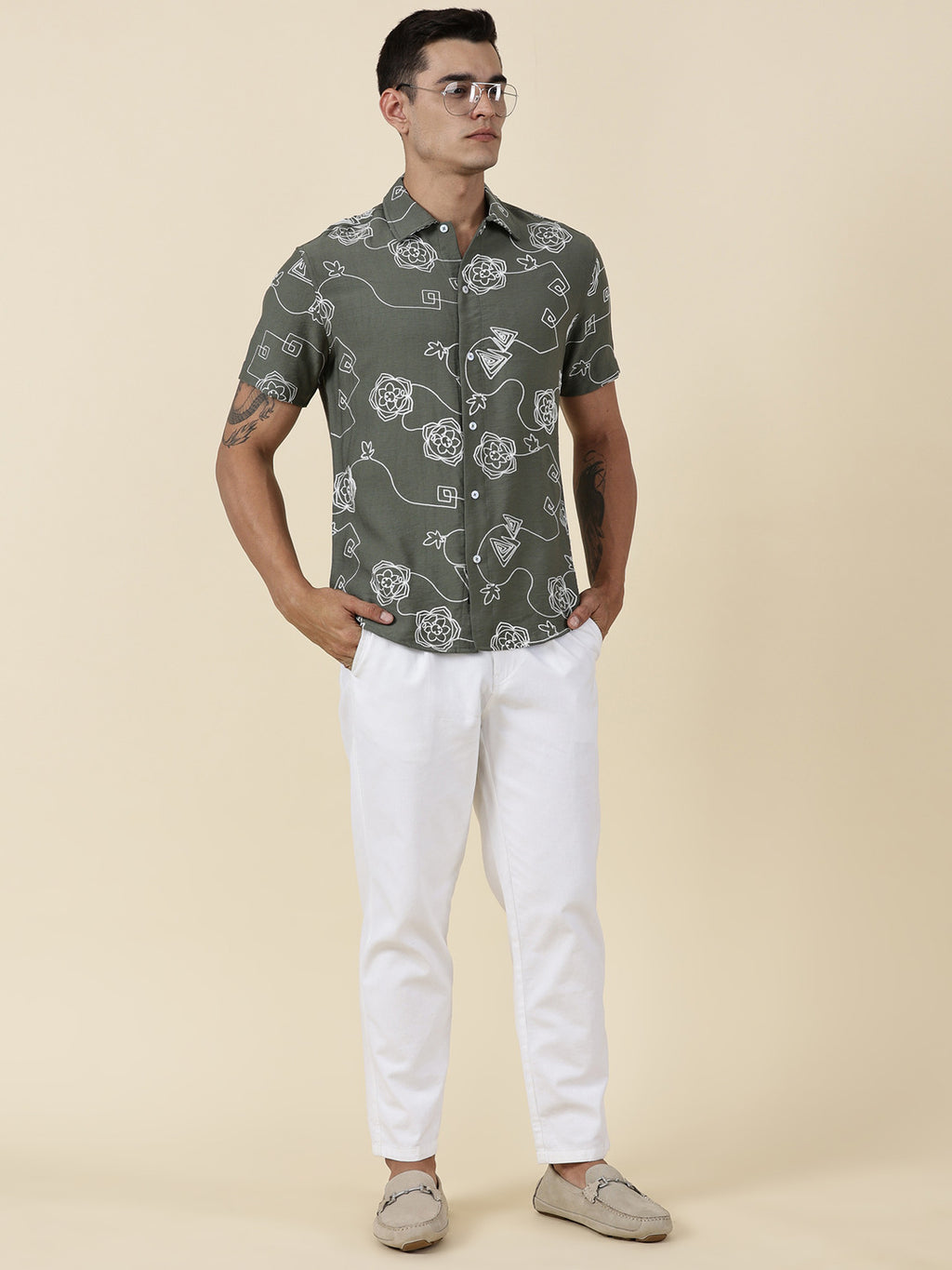 Thomas Scott Men Olive Regular Fit Short Sleeves Spread Collar Embroidered Shirt