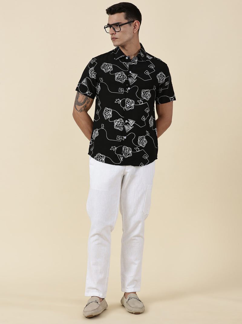 Thomas Scott Men Black Regular Fit Short Sleeves Spread Collar Embroidered Shirt