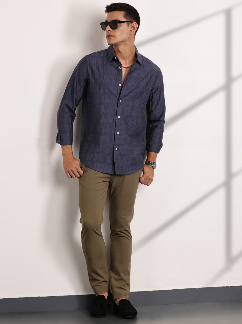 Thomas Scott Men Blue Slim Fit Long Sleeves Horizontal Stripes Casual Shirt