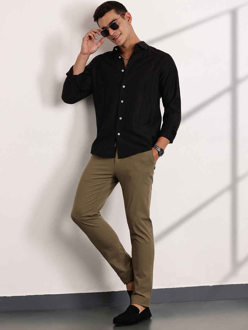Thomas Scott Men Black Slim Fit Long Sleeves Horizontal Stripes Casual Shirt