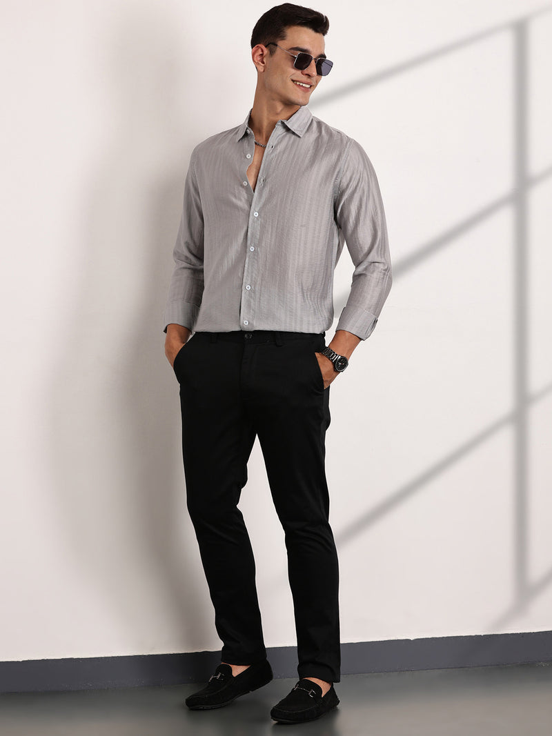 Thomas Scott Men Grey Slim Fit Long Sleeves Vertical Stripes Casual Shirt