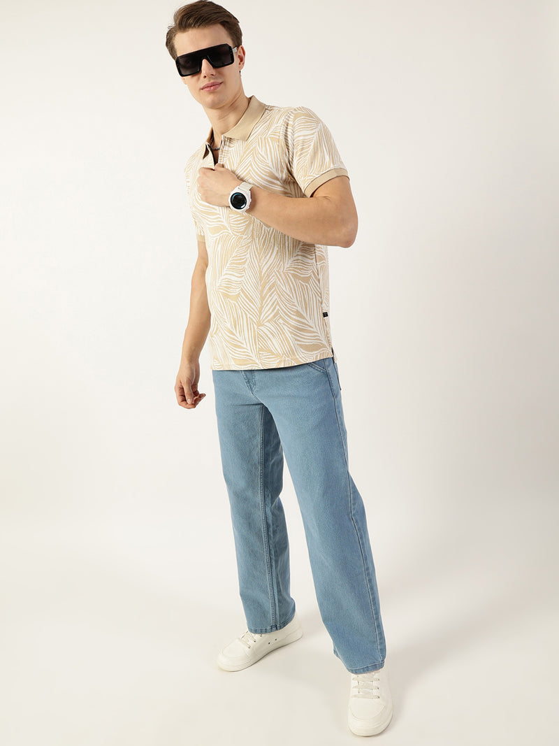Thomas Scott Men Beige Floral Printed Polo Collar Pockets T-shirt
