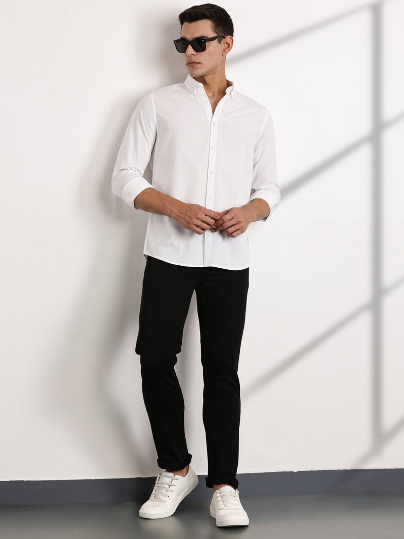 Thomas Scott Men White Reguar Fit Long Sleeves Pinstripes Cotton Casual Shirt