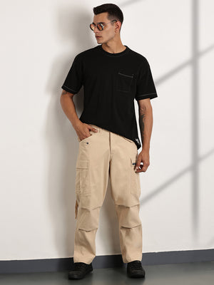 Thomas Scott Men Fawn Mid-Rise Loose Fit Cotton Woven Cargo Trouser