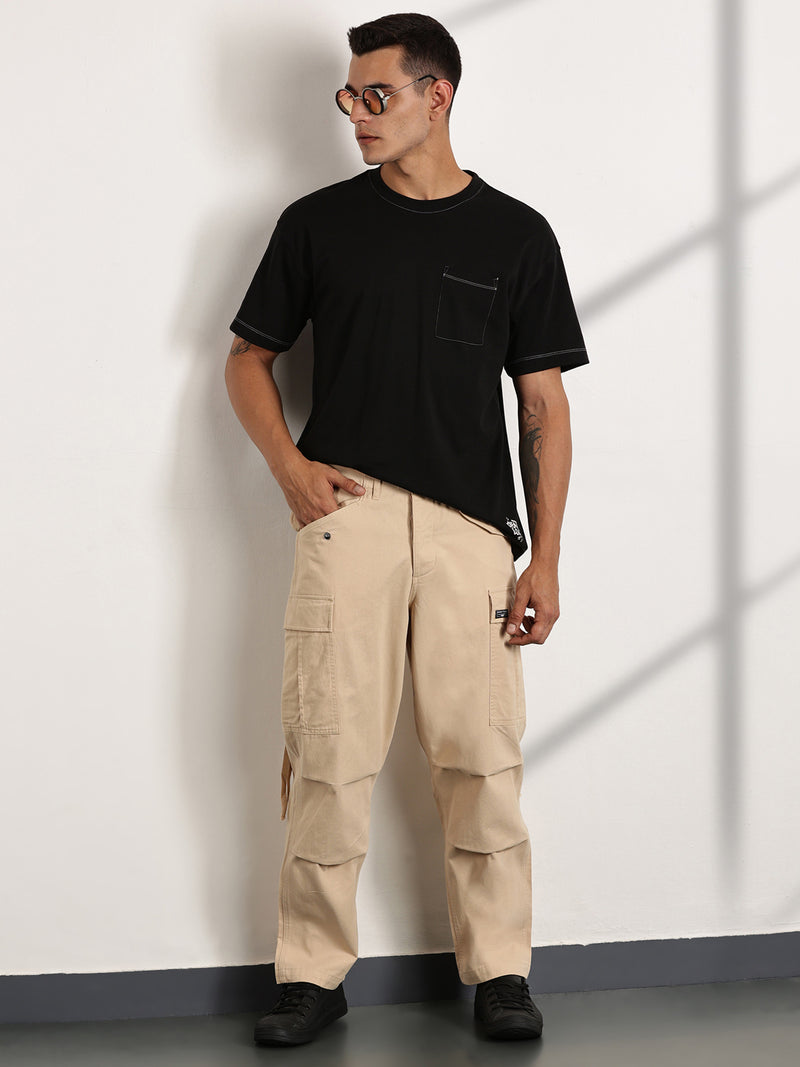 Thomas Scott Men Fawn Mid-Rise Loose Fit Cotton Woven Cargo Trouser
