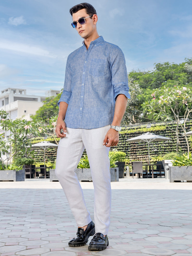 Thomas Scott Men Blue Slim Fit Long Sleeves Pinstripes Linen Casual Shirt