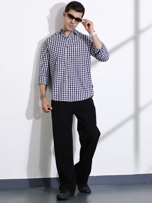 Thomas Scott Men Navy Slim Fit Long Sleeve Gingham Checks Cotton Casual Shirt